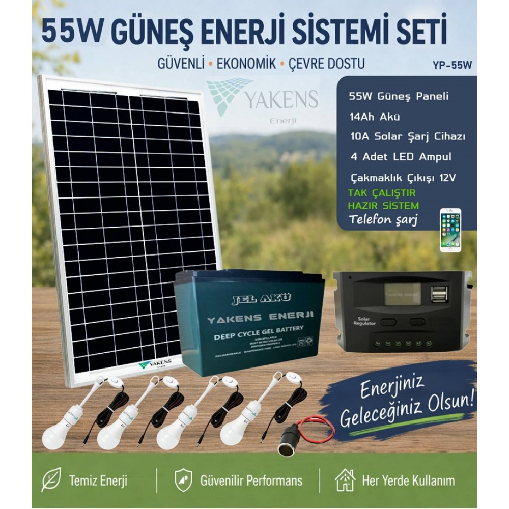55w Hazır Solar Paketi Güneş Paneli Enerji Sistem 14ah Jel Akü + 10a Şarj Kontrol Cihazı + 4 Led Ampul + Çakmaklık Çıkışı | Taşınabilir Telefon Şarjlı Hazır Solar Aydınlatma Paketi